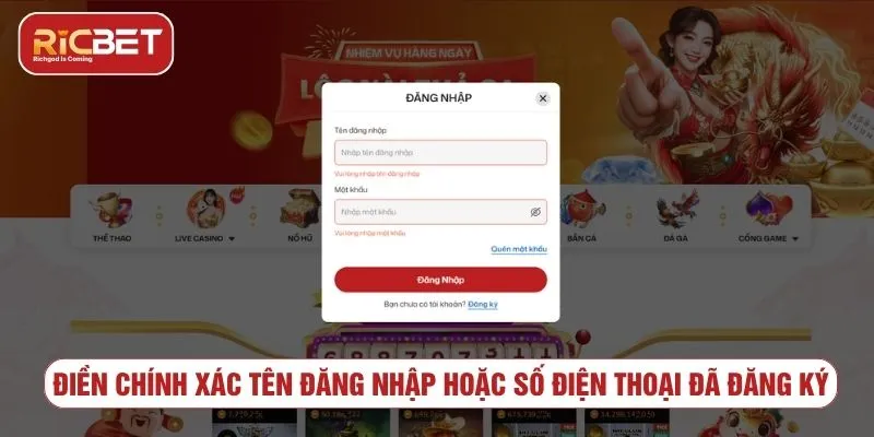 Nhập thông tin khi đăng nhập RICBET