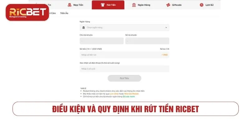 Rút Tiền RICBET - Điều Kiện Và Cách Giao Dịch An Toàn Điều kiện và quy định cần biết khi rút tiền RICBET