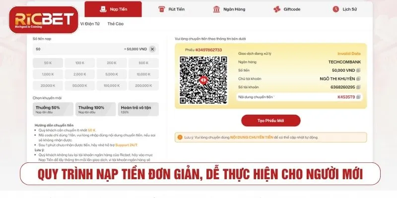 Quy trình nạp tiền RICBET cho người mới